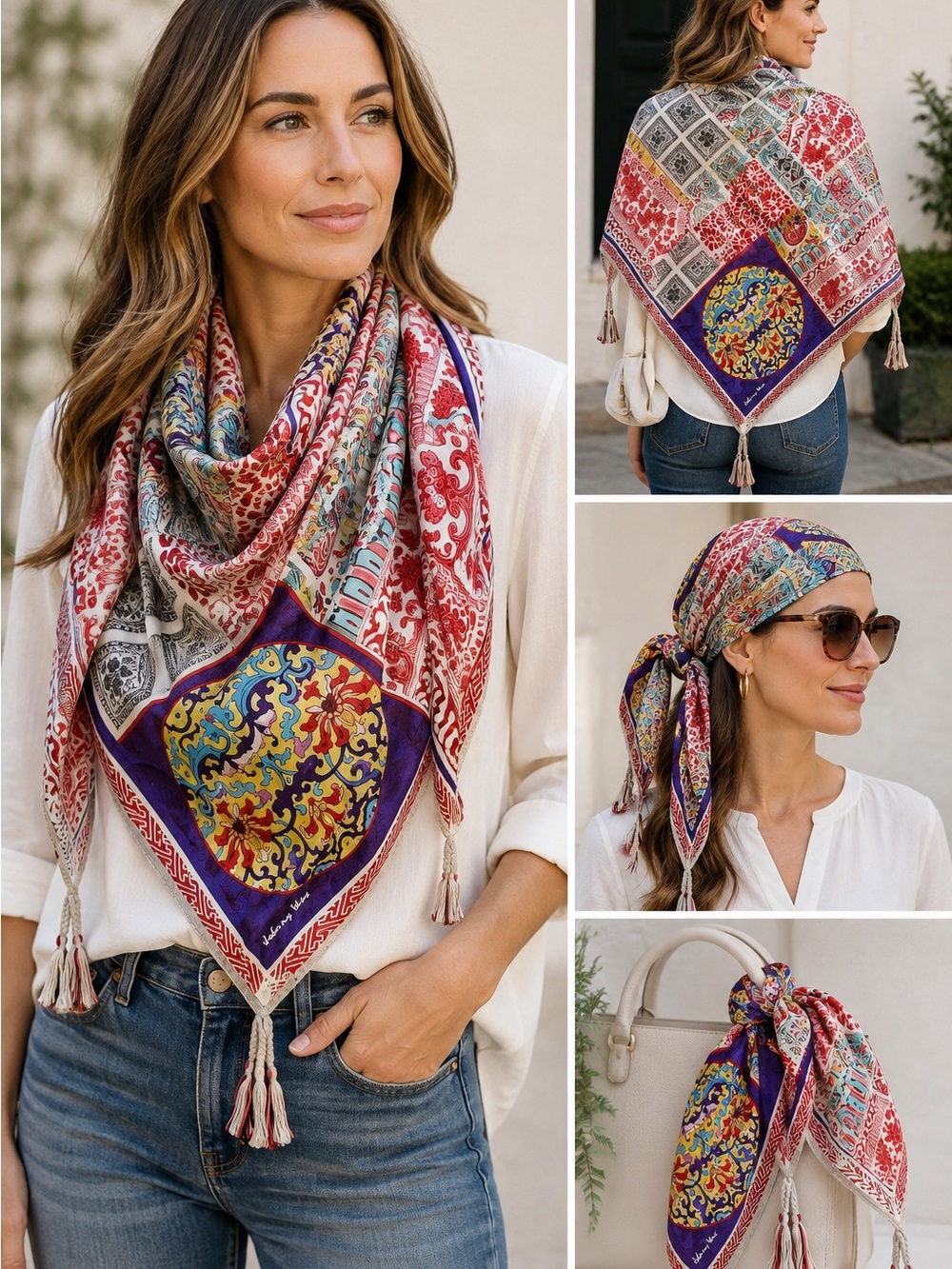 Johnny Was 43” square Scarf Multicolor Patchwork Floral Tassel Square Boho EUC